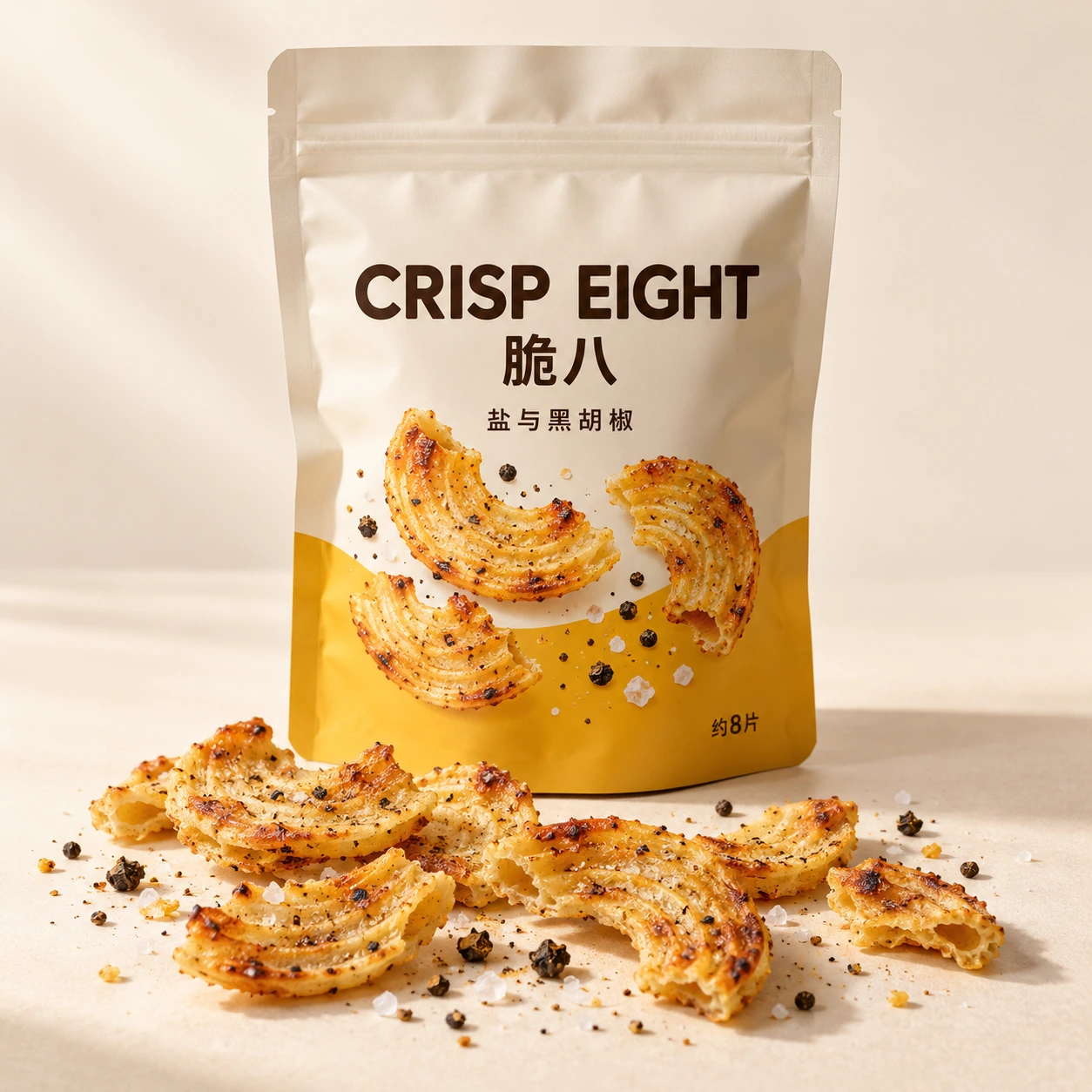脆八概念包装与金黄的压烤通心粉脆片，搭配盐和黑胡椒